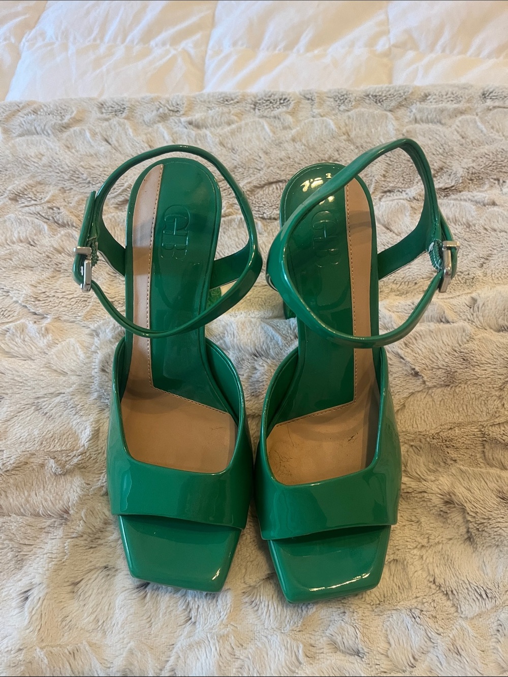 GB girls Green Patent Square-Toe Ankle-Strap Heels